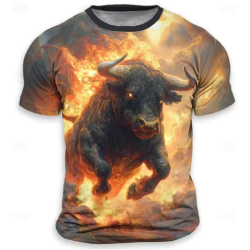 Men's Divine Bull Print T-Shirt Animal Print Short-Sleeve Top Casual Streetwear Oversized Short-Sleeve Men Vintage Clothing