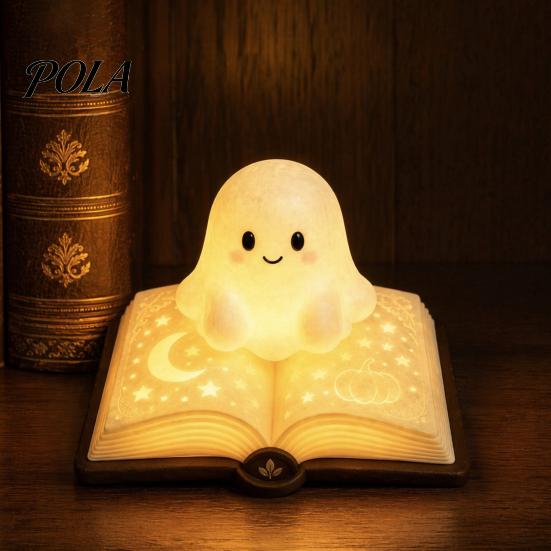Safe Bedside Lamp for Kids Magic Book Ghost Night Light, Resin Tabletop Warm Glow with Moon Gift Lovers Star Relief, Cute Sleeping Light Bedroom,
