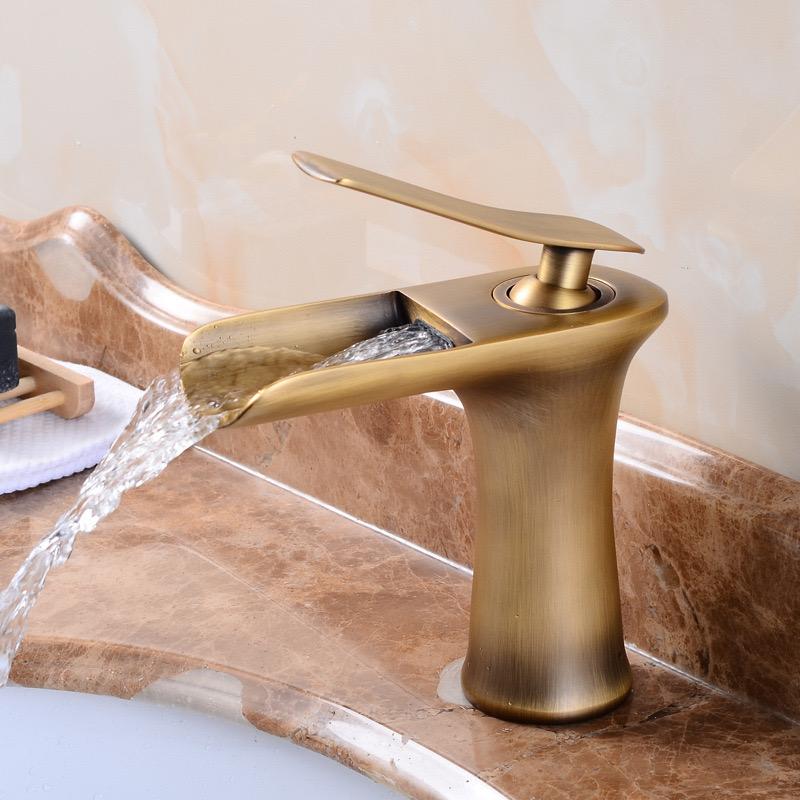 

Waterfall Bathroom Basin Sink Faucets Hot Cold Tap Deck Mounted Water Mixer Crane Antique Bronze Chrome