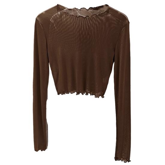 Women Summer Bottoming Tops Round Neck Long Sleeve Mesh Perspective Tops Sun Protection Inner Tops Daily Wear