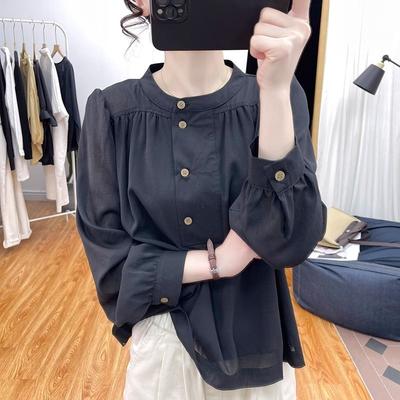 Design Literário Retro Outonal Camisa Solta de Manga Comprida com Gola Alta Tops Femininos Nova Tendência de Camisa com Manga Bufante