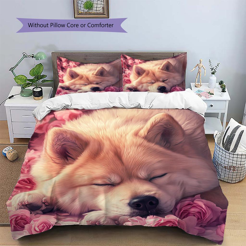 Shiba Inu and Rose Pattern Bedding Home Decoration Birthday Gift (1 * duvet cover + 2 * pillowcase, without core)