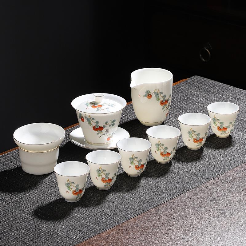 Suet jade kung fu tea set hand-painted cover bowl gold opening event real estate business souvenir