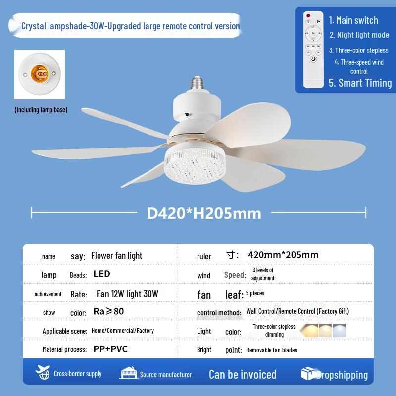 Ferngesteuerte LED-Blumen-Ventilatorleuchte mit E27-Sockel und stufenloser Dimmung für Zuhause