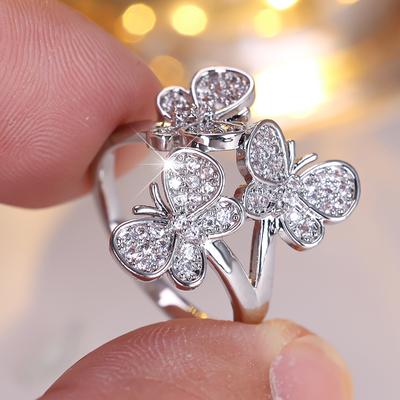 Silver-tone Three-butterfly Inlaid Ring with Synthetic Zirconia and Elegant Rhinestone Cluster Design, Suitable for Daily Wear, Parties, and Bridal