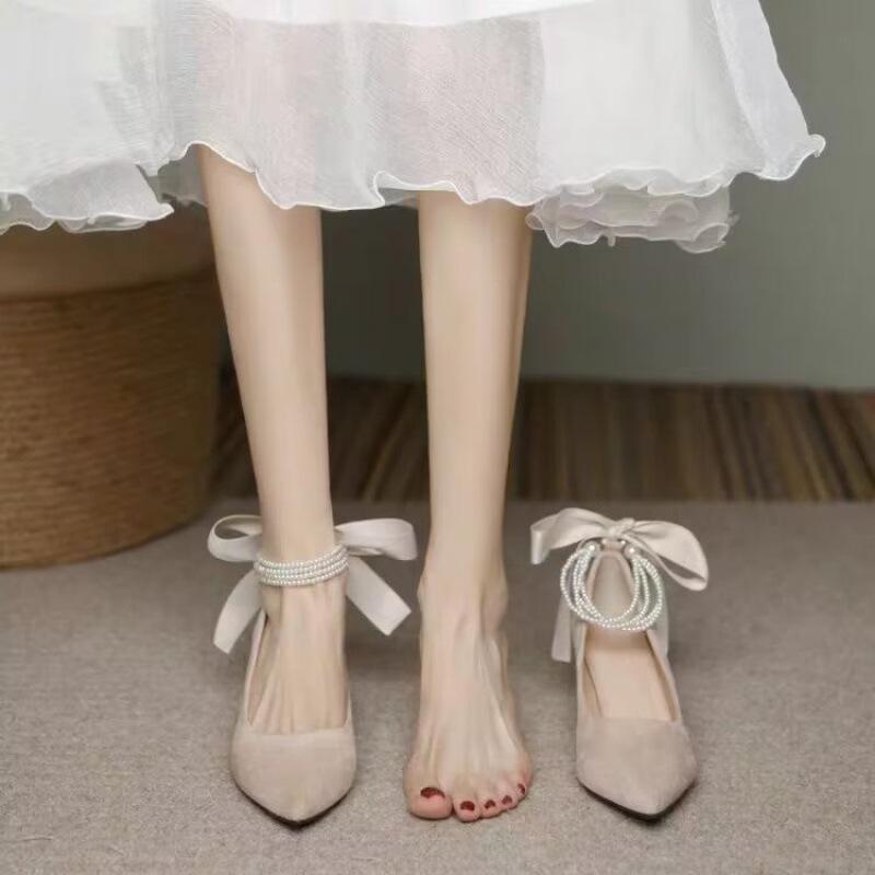 Wedding Strap and Wedding Dress High Heels Bride Thick Strap 5cm Maternity Shoes Fashion Beige One Word Spring and Autumn Bridesmaid Shoes