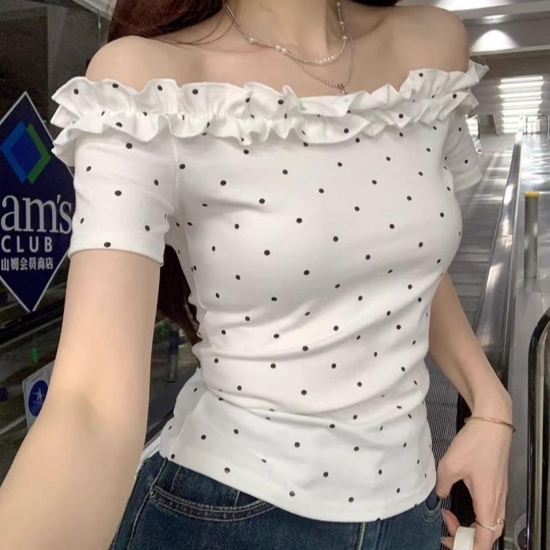 Design Hot Girl Fashionable Waistline Polka Dot Short-sleeved T-shirt Summer New One-word Chic Slim Top