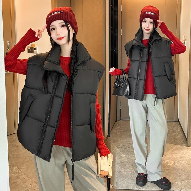 Autumn and Winter Down Cotton Vest Women's Short Loose Stand-up Collar Cotton Vest Thermal Vest Outer Wear Straight