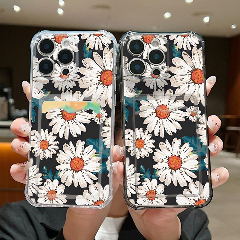 Flowers Print Card Slot Phone Case For iPhone Air 16e 17 16 15 Pro Max 14 13 Pro Max Shockproof Clear Soft Silicone Cover