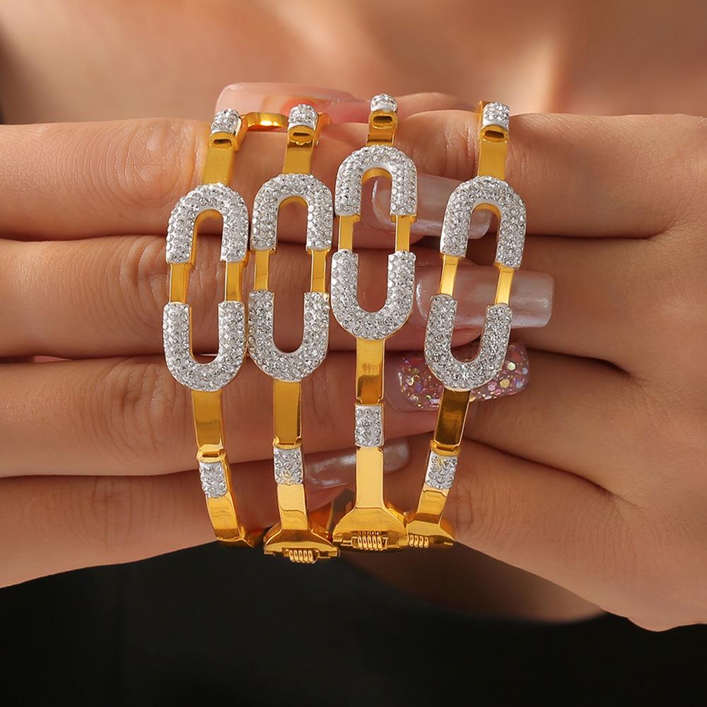 Minimalist European-American Gold-Plated Titanium Steel Bangle with Geometric Design and Diamond Detailing