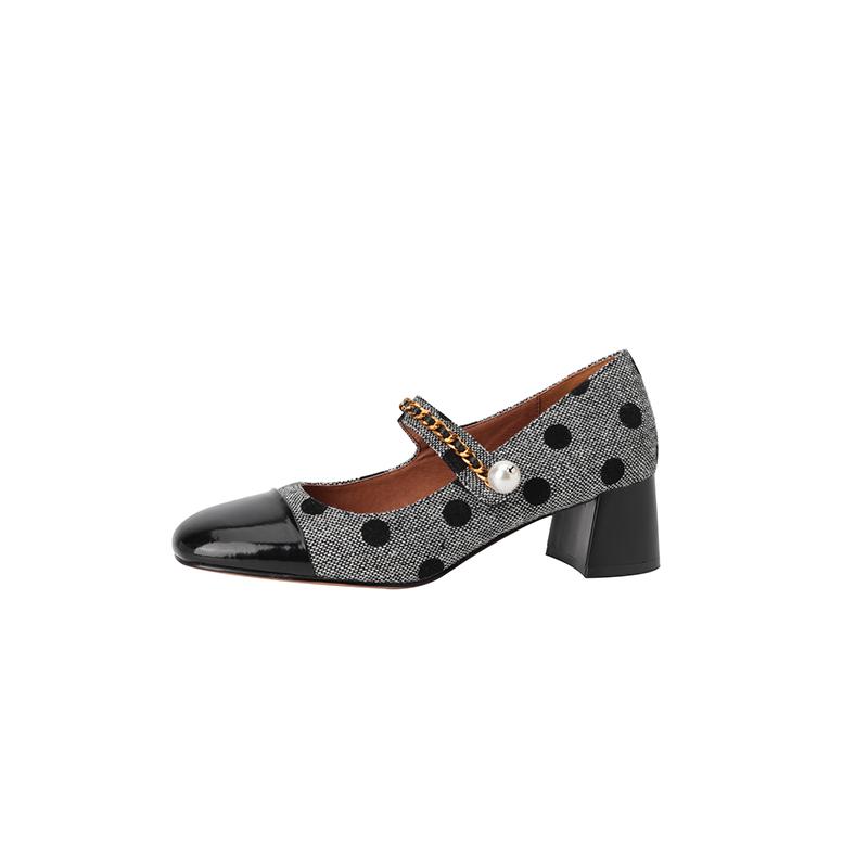 

Мода 2025 Новые женские туфли Мэри Джейн ПОВСЕДНЕВНЫЕ Ретро Пряжка Лодочки с мелким вырезом Квадратный носок Обувь на толстом каблуке Женская Zapatos De Mujer В горошек Жемчуг 40 чёрный