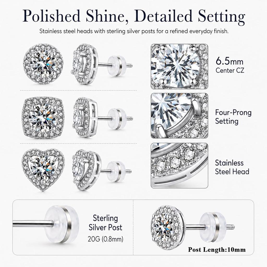 3 Pairs Cubic Zirconia Stud Earrings 925 Sterling Silver Earrings For Women | Hypoallergenic Halo Stud Earrings 14K Gold Plated Heart Round Square