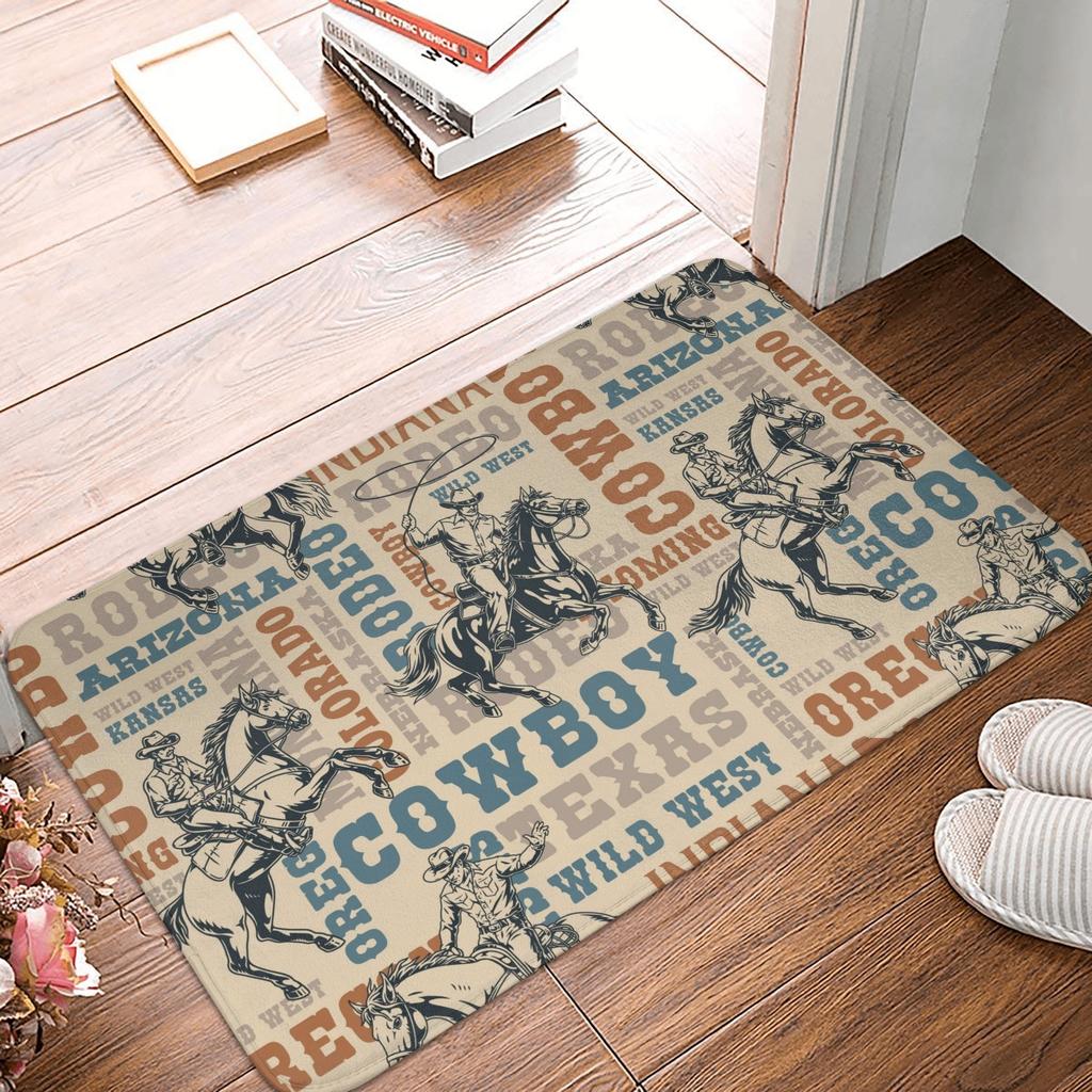 Western Cowboy Rider Pattern Front Door Mat Anti-Slip Indoor Quick Dry Doormat Floor Bathroom Entrance Rug Carpet