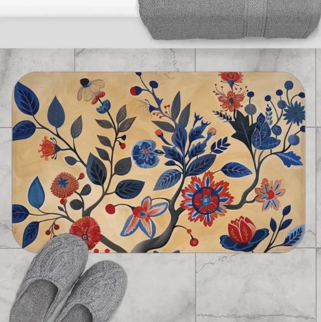 Lodestar Scandinavian Folk Art Bath Mat Cottage Core Shower Bathroom Decor Abstract Nordic Tree Bathroom Shower Stall Mat Boho Style Rug