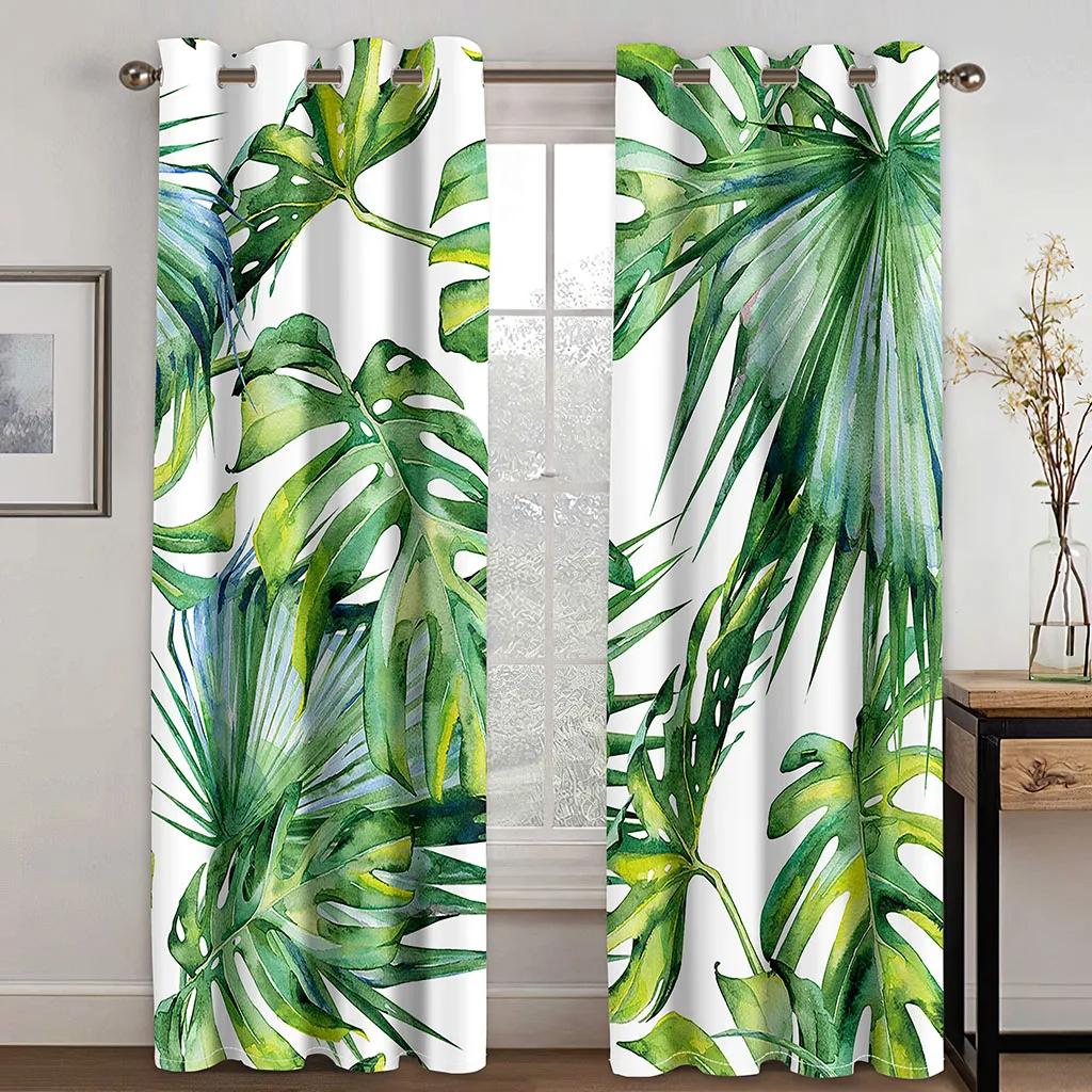 Custom European Elegant Green Leaves Curtains Luxury Curtains Tropical Leaves Pattern Window Curtains for Bedroom Living Room