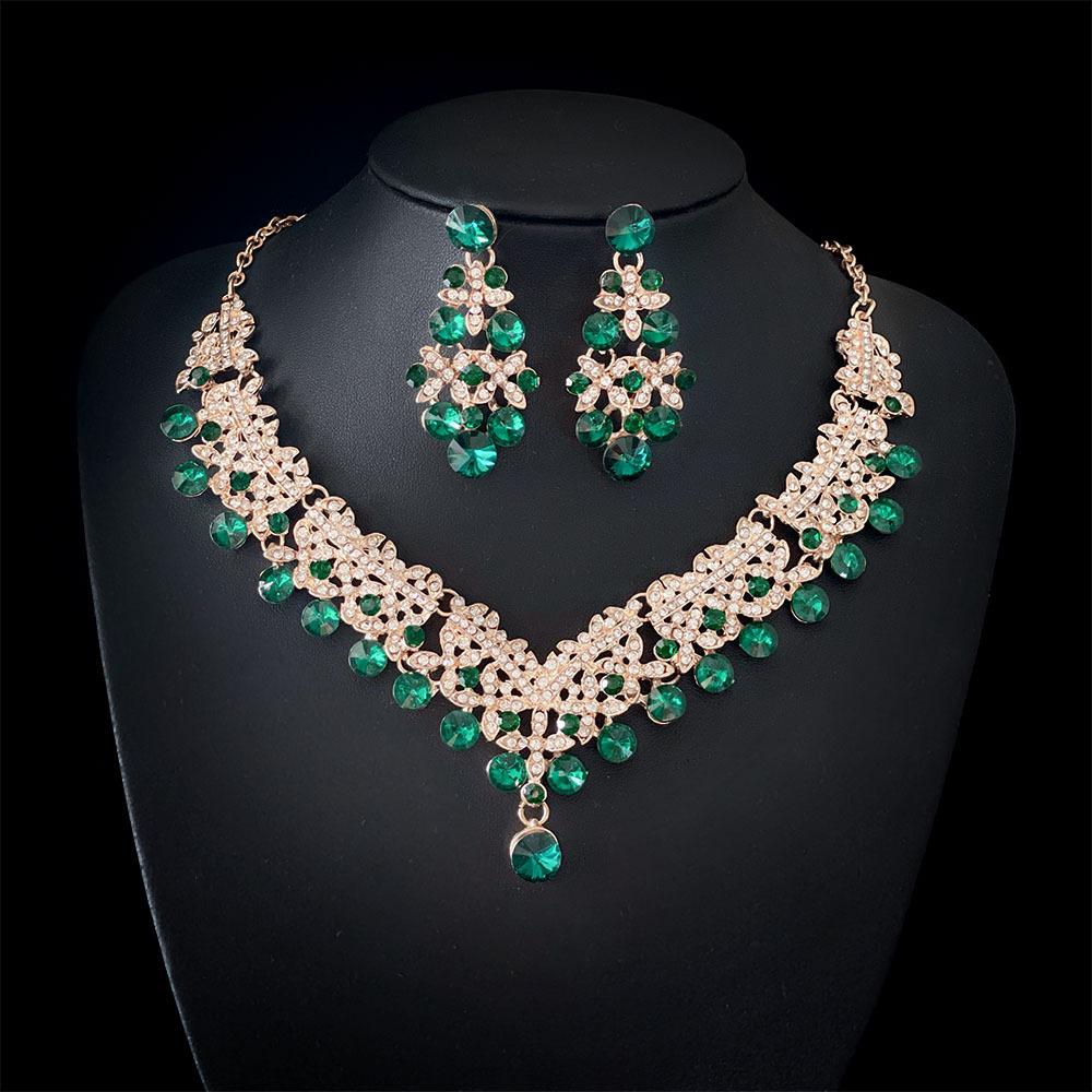 Exquisite Colored Rhinestone Necklace Earrings Set Party Dress Accessories Necklace