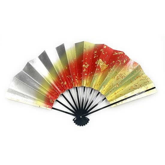 Asakusa Kimono Market Dance Fan, Enamel Base with Holographic Kirihaku (Gold/Silver Leaf), Black Lac