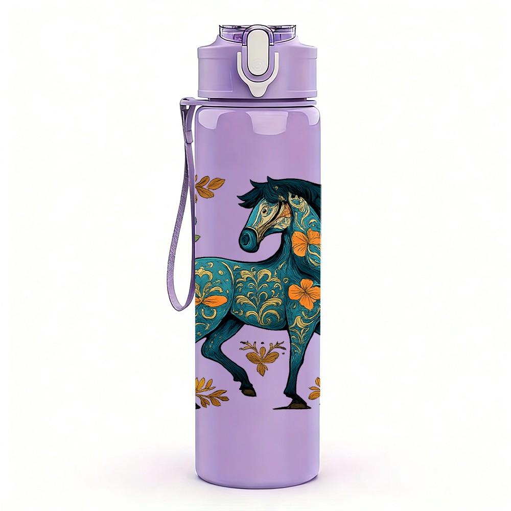 1PC Vintage Decorated Horse 750ml Color Plastic Sports Water Bottle Leakproof Flip Straw Lid Suitable for Sports Office Home Use