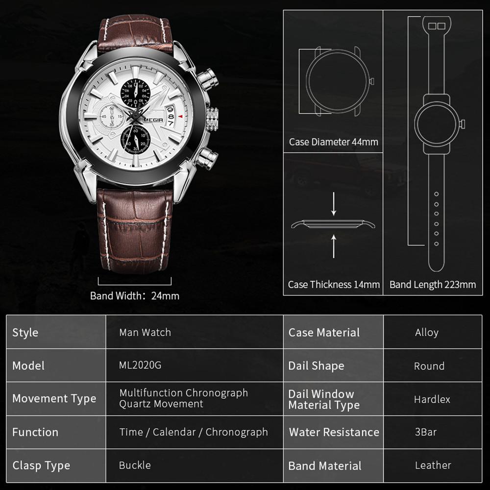 MEGIR Brand Fashion Sport Watch for Men 47MM Big Dial Clock Waterproof Casual Quartz Wristwatch Leather Strap Chronograph 2020