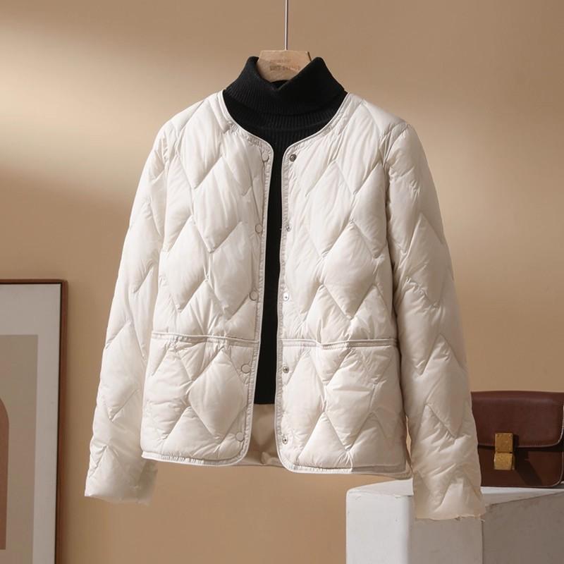White Duck Down Light Down Jacket Women's Short Winter Fashion Rhombus Warm Casual Round Neck Jacket Pinghu
