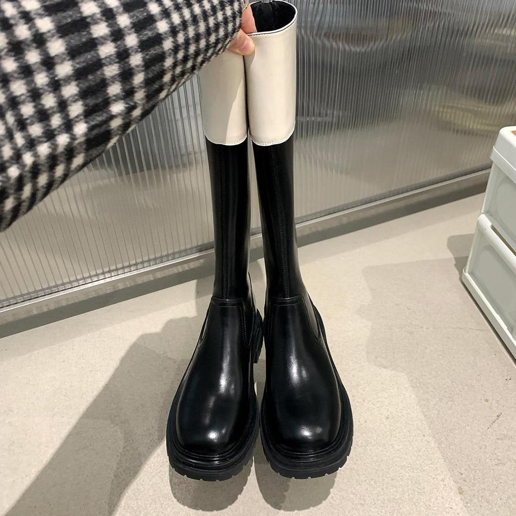 Su Yinyin Style Colorblock Round Toe Thick Sole Back Zipper Women's Riding Boots