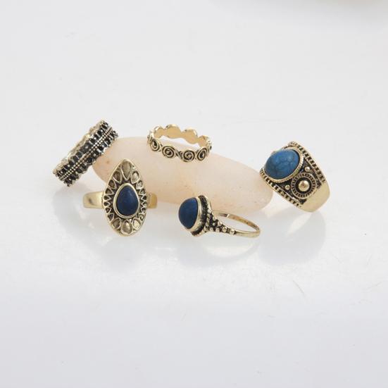 5Pcs/Set Bohemian Vintage Blue Stone Alloy Finger Ring Women Charming Jewelry