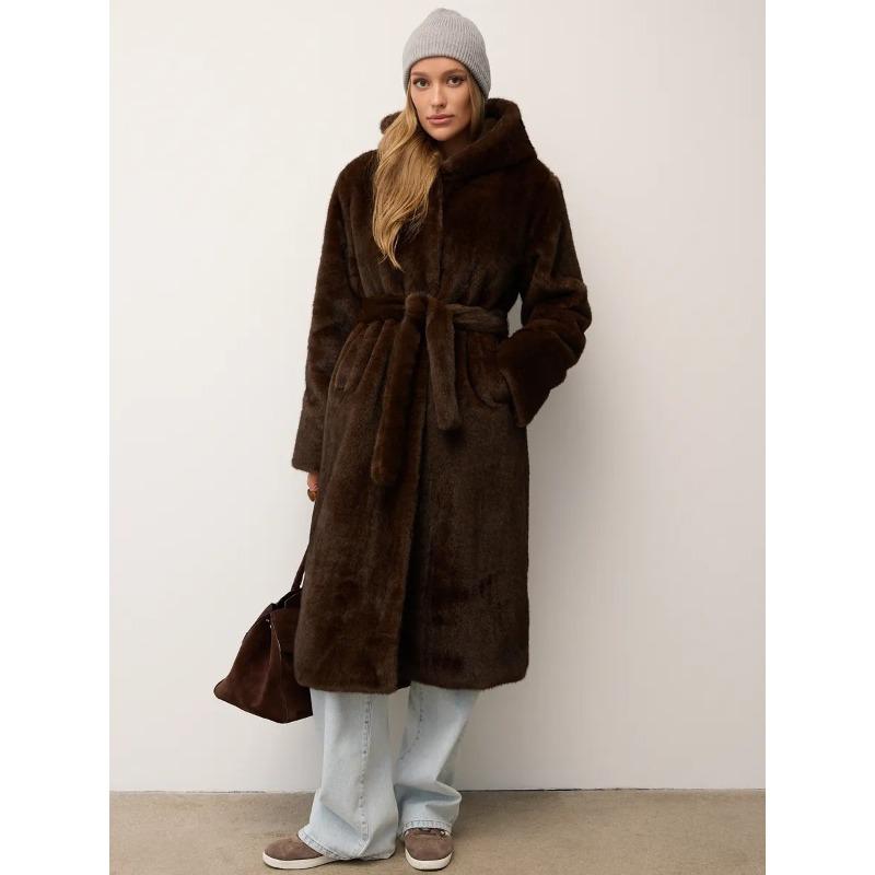 Palton nou din imitație de blană de nurcă, îmbrăcăminte pentru femei, iarnă, lung, cu glugă, cu centură, palton din blană artificială