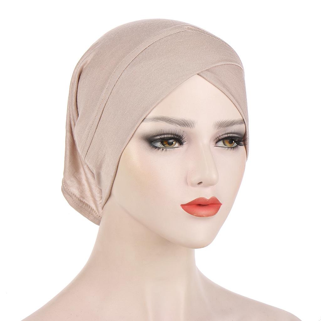 Solid Color Frontal Cross Women Muslim Hijab Caps Wrap Head Soft Elastic Turban Bonnet Chemo Cap Fashion Headdress Wearable