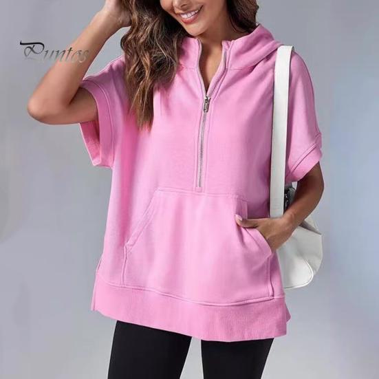 Summer Women Hoodie Half Zipper Short Sleeves Solid Color Pullover Loose with Pocket Casual Daily Wear School Sport Pullover Top Female Clothes