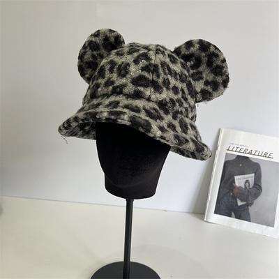 Cute Bear Ears Leopard Print Plush Hat Women's Autumn and Winter Thickened Warm Bucket Hat Versatile Washbasin Hat