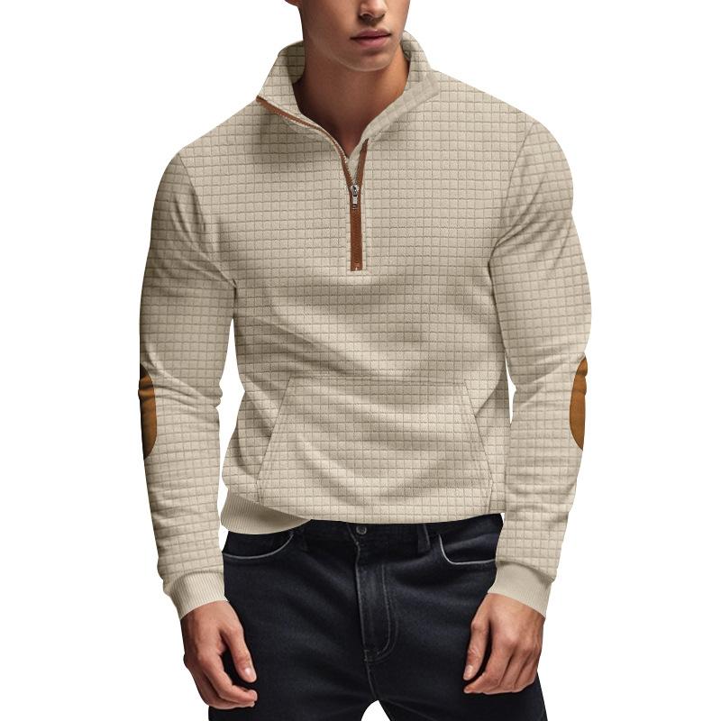 Fashionable Men's Casual Sweatshirt with Jacquard Small Check Embroidered Patchwork Stand Collar Loose-Fit Top