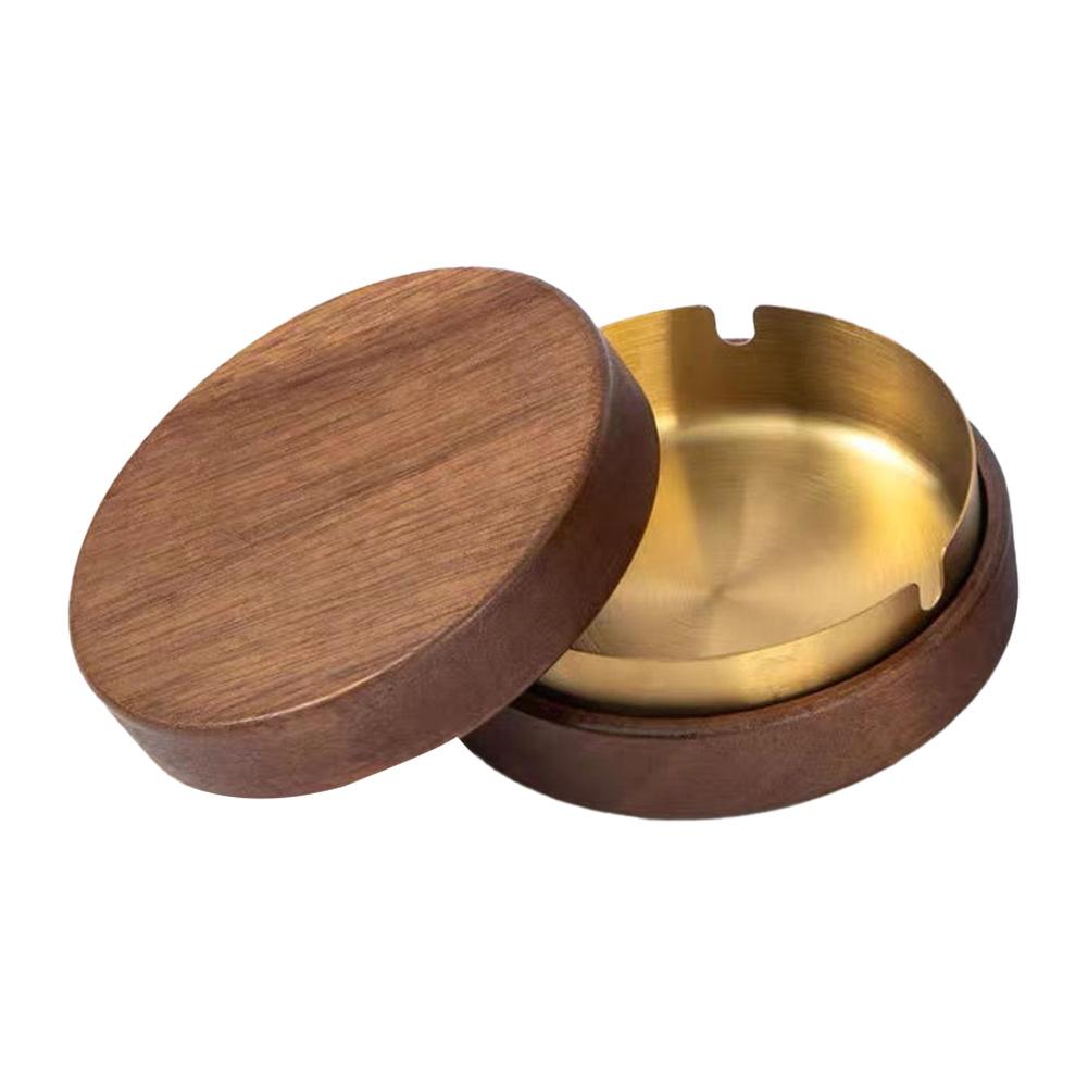Wooden Ashtray with Lid Stainless Steel Liner Ash Tray Windproof Ashtray for Indoor Or Outdoor Use Patio Office & Home