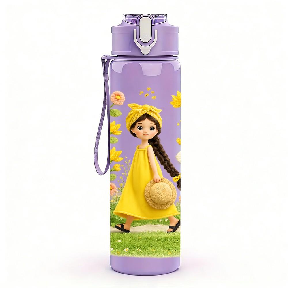 1PC Girl In Yellow Vintage Dress Print 750ml Color Plastic Sports Water Bottle Leakproof Flip Straw Lid Suitable for Sports Office Home Use
