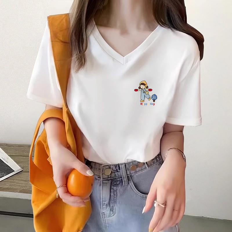 

Pure cotton high-end black T-shirt women s short-sleeved summer thin and drape ins trendy v-neck shirt casual bottoming top S