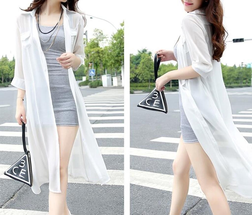 Religieuse Chiffon Long Cardigan Shirt Dress Women's See-Through (Size M, White)