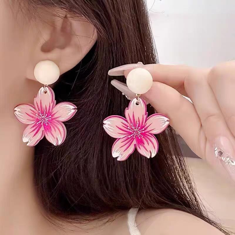 Super fairy summer small fresh and sweet pink flower earrings women's new trendy high-end sense versatile elegant earrings