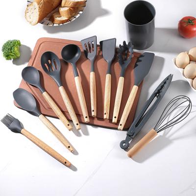 12Pcs Silicone Kitchenware Set Turner Spatula Spoon Non-Stick Heat Resistant Cooking Utensils with Wooden Handles Storage Bucket