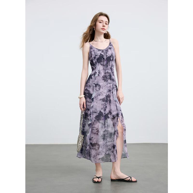 Sancai 2025 Summer Ruffled Strappy Printed Chiffon A-Line Long Dress