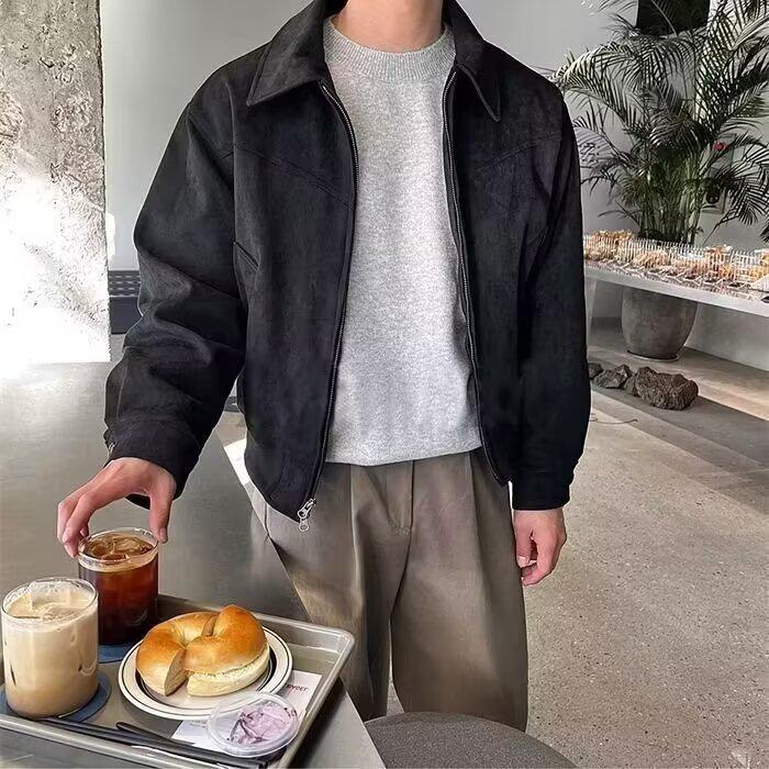 Korean Men's Suede Lapel Zipper Jacket - Autumn/Winter Hong Kong Style Trend