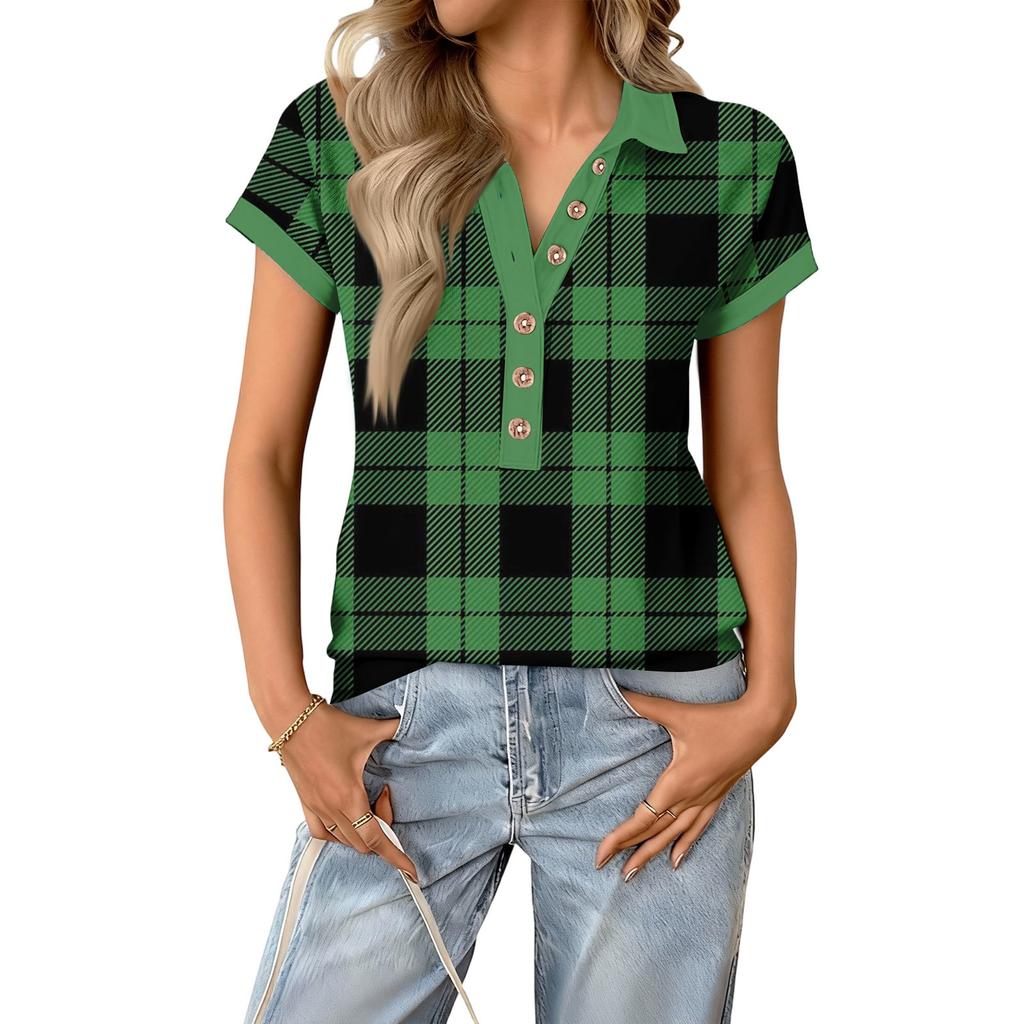 Women's Fashionable and Casual Summer V,neck Patchwork Short,sleeved Plaid Print Top