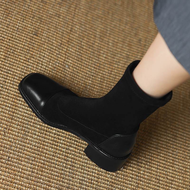 Krazing Pot Microfiber Flock Autumn Winter Shoes Thick Med Heels Size 43 Elastic Boots Stretch Patch Work Ankle Boots