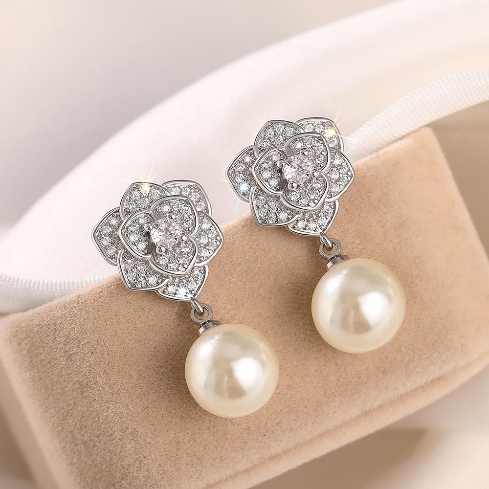 Full Pave CZ Camellia Flower Pearl Dangle Earrings Silver Tone Round Gloss Imitation Pearl Wedding Bridal Jewelry Gift