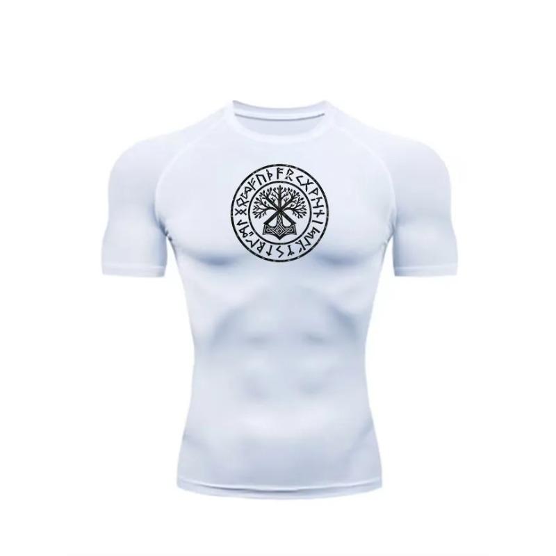 Men's White Compression Short Sleeve T-Shirt, Viking Yggdrasil Tree of Life Rune Circle Graphic Quick Dry Athletic Top for Gym Fitness & Training