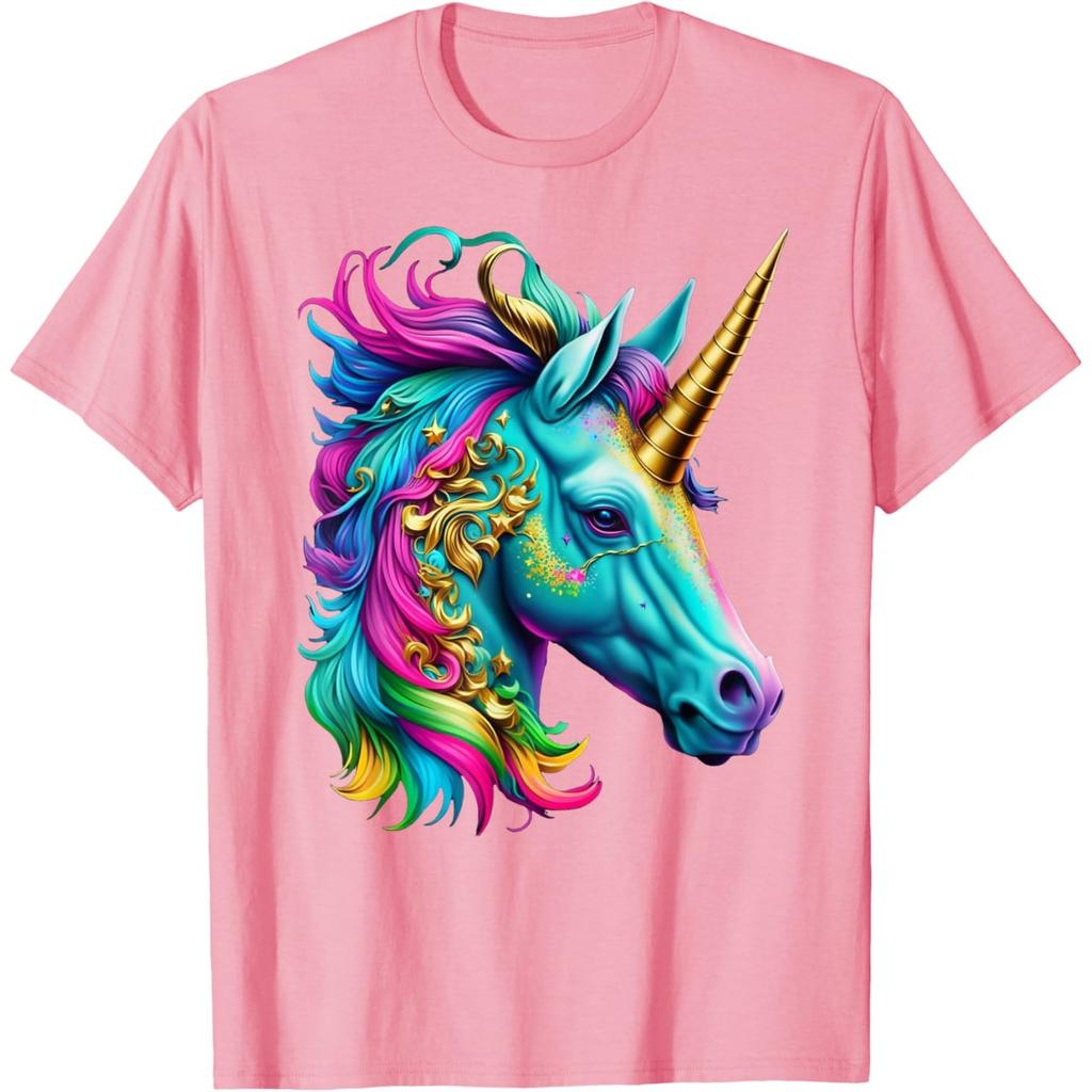 Vibrant Unicorn Head Graphic Tee Men Casual Breathable Pure Cotton Crewneck Tshirt
