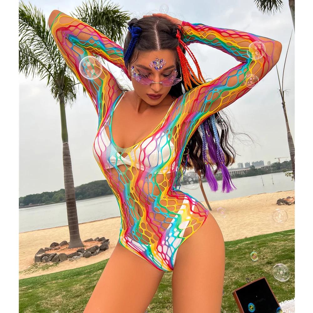 Sexy Rainbow Bodysuits Costume Erotic Fishnet Transparent Seductive Underwear Ladies Mesh Hollow See Through Bodycon Clothes