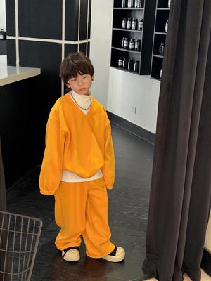 Kids' Fleece Sweatshirt & Sweatpants Two-Piece Set - 2025 Autumn/Winter Korean Style Boys' Solid Color.