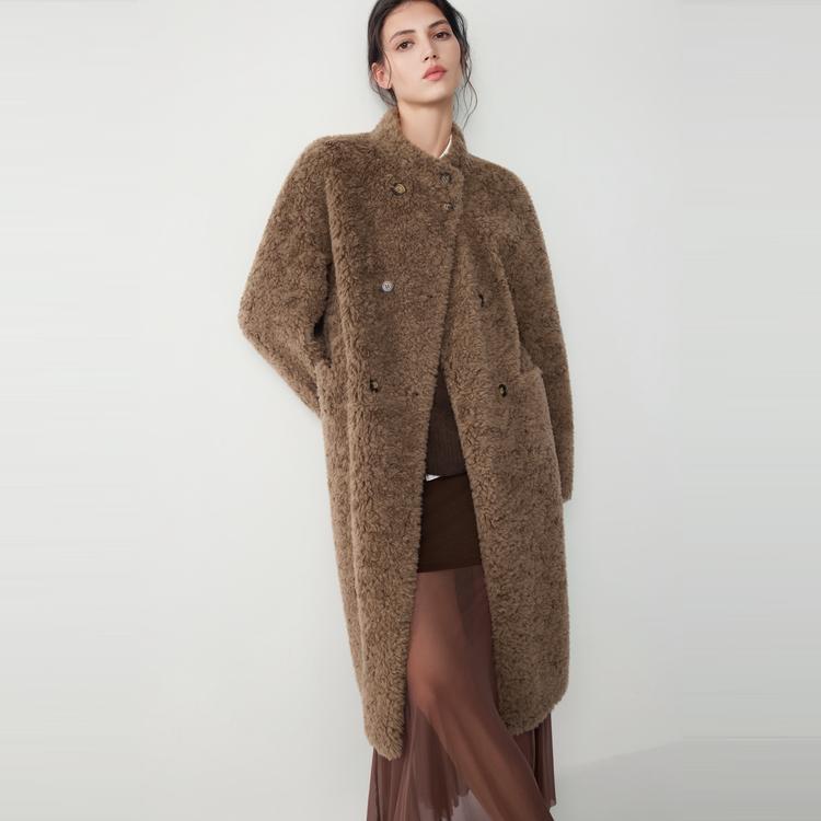 ELLE French Style Vintage Fashion Design Double Breasted Long Casual Loose Versatile Stand Collar Lamb Wool Plush Long Sleeve Coat Women coats EF52677