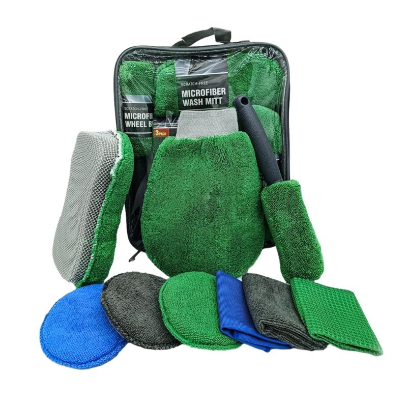 

Инструмент для чистки автомобиля, набор из 9 щеток для ухода за шинами, дозатор восковых подушечек зелёный