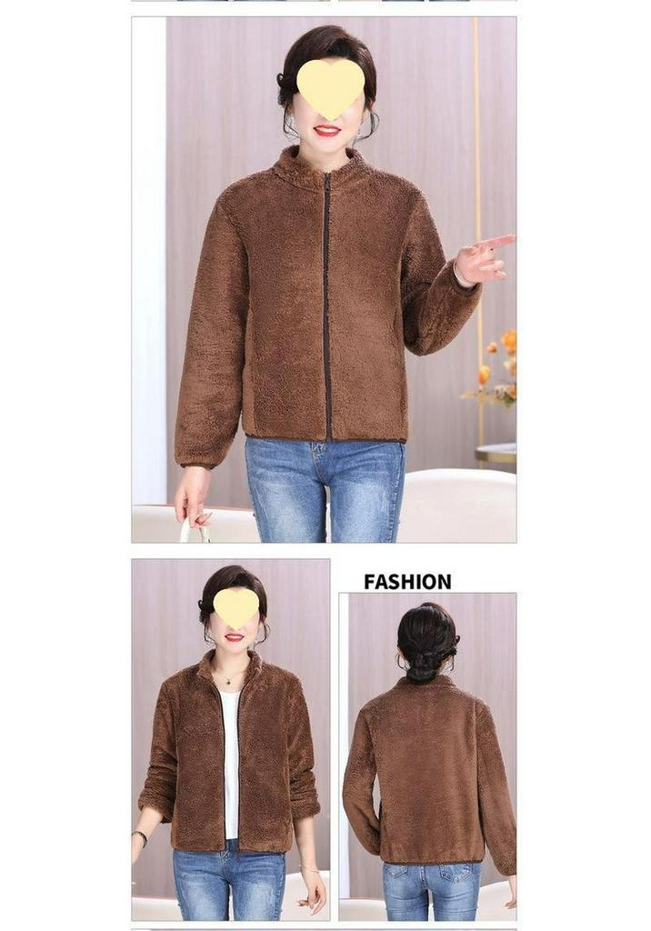 Women's Double-Sided Plush Fleece Cardigan Jacket with Stand Collar and Soft Shell for Warmth