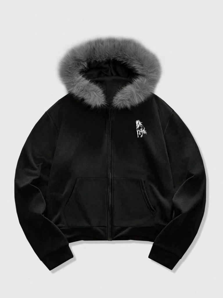 Men Casual Hooded Jacket, Zip Up Sweatshirt with Fur Trim Hood for Daily Commute and Weekend Walks